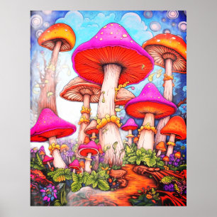 Poster Cogumelos sob um Céu Matinal ao Fundo numa Parede