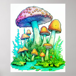 Poster Cogumelos Verdes com Fundo Branco numa Parede