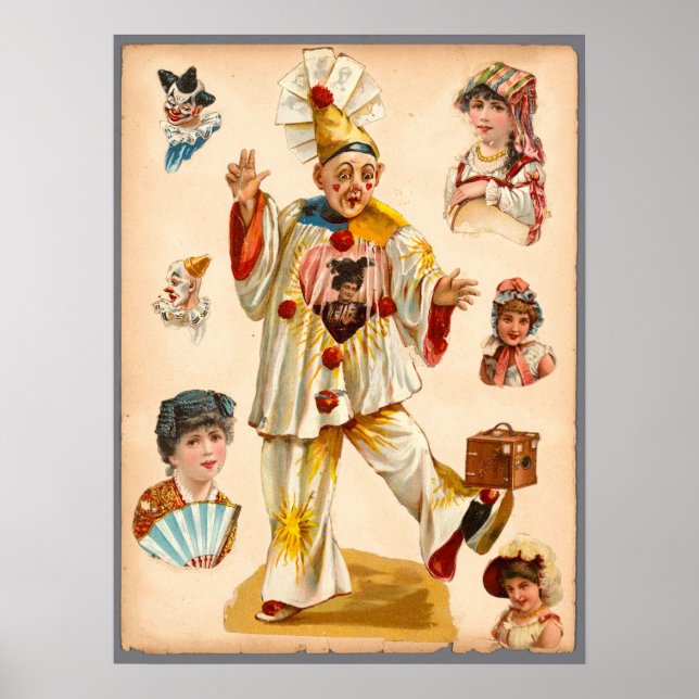 Poster Colagem de Ephemera de Mulheres Antigas e Palhaços (Frente)