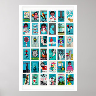Poster Colagem de Etiquetas de Caixa de Fósforos Turquesa