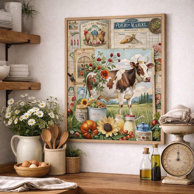 Pôster Colagem de Fazenda Rústica Vintage Vaca  (Vintage farm/cow farmhouse wall art )