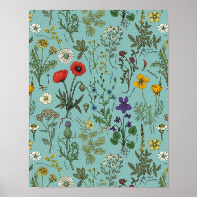 Poster Colagem de flores silvestres em azul (Frente)
