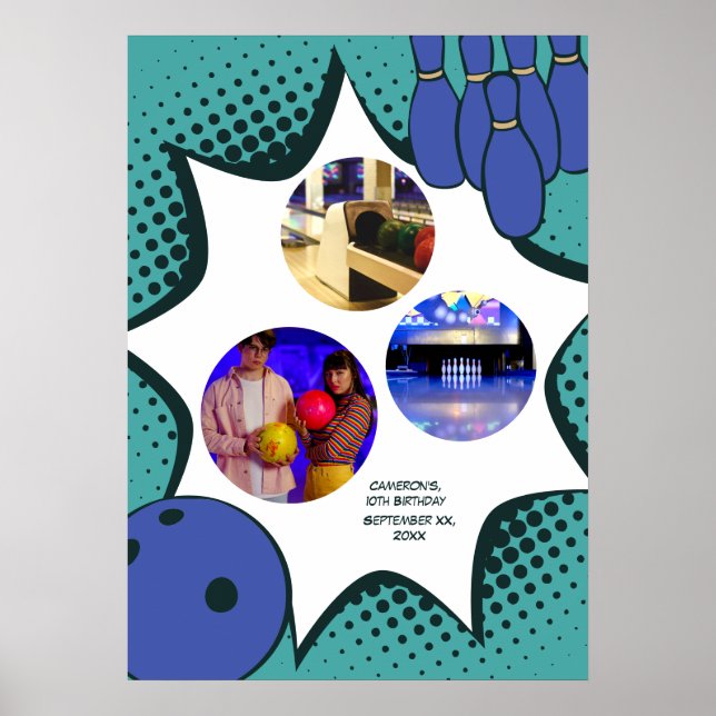 Poster Colagem de Foto de Aniversário da Boliche Azul-Ver (Frente)