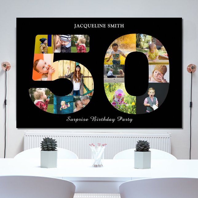 Poster Colagem de Fotografias com Festa de aniversário 50 (50th birthday party poster in black with custom photo collage template in the "5" and "0".)