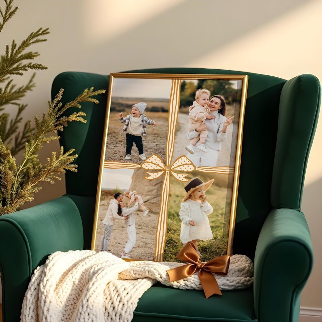 Poster Colagem de Fotografias da Família Atual de Arcos e (Elegant Golden Bow & Ribbon Present Family Photo Collage Poster)