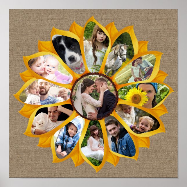 Poster Colagem de Fotografias Familiares Sunflower Burlap (Frente)