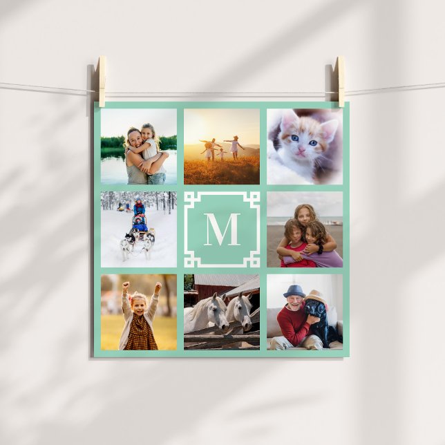 Pôster Colagem de Fotografias Grego-Chave Minograma 8 Tea (Light Teal Greek Key Monogram 8 Photo Collage Poster)