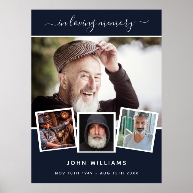 Poster Colagem de fotos azuis memorial bem-vindo funeral (Frente)