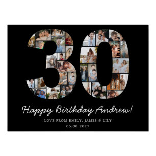 Pôster Colagem de Fotos de Aniversário de 30 Anos Preta G
