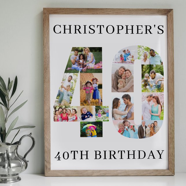 Poster Colagem de Fotos de Aniversário de 40 Anos Número  (40th Birthday Poster with number 40 in photos Available professionally printed or printable download)