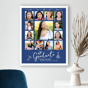 Poster Colagem de Fotos de Formatura Azul K–12 com Rabisc