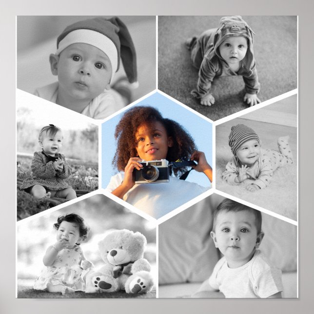 Poster Colagem de Fotos de Hexágono Preto e Branco (Frente)