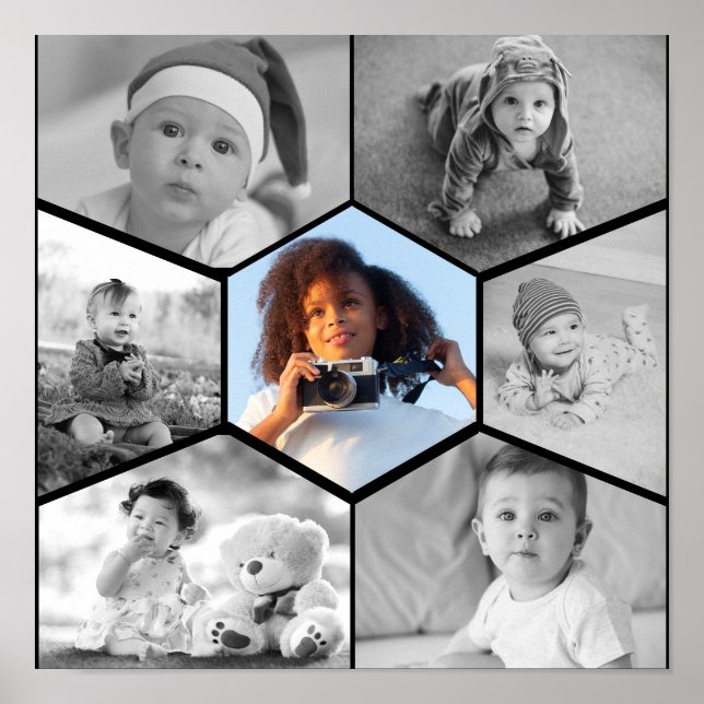 Poster Colagem de Fotos de Hexágono Preto e Branco (Frente)