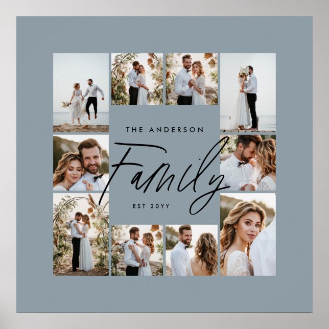 Poster Colagem de fotos mínima elegante e azul da família (Frente)