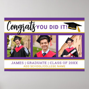Poster Colagem de Fotos Roxo e Dourado 3 Congrats Graduad