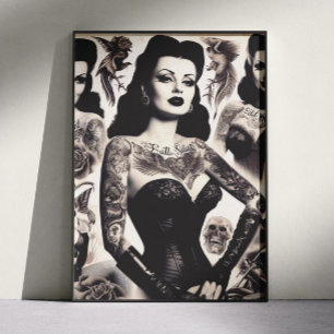 Poster Colagem de Mulher Gótica Tatuada Vintage