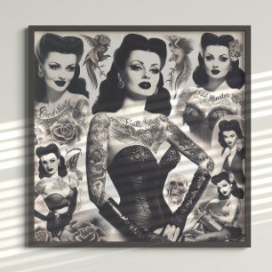 Poster Colagem de Mulher Gótica Tatuada Vintage