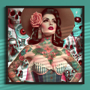 Poster Colagem de Mulheres Tatuadas na Escola Antiga