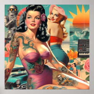 Poster Colagem de Pin-up de Verão Tatuada