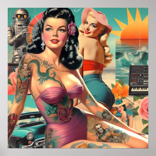 Poster Colagem de Pin-up de Verão Tatuada (Frente)