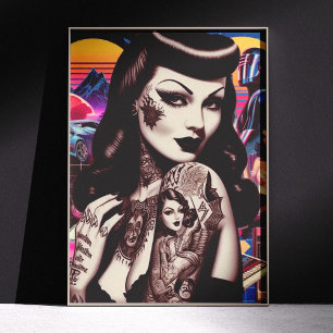 Pôster Colagem de Pin-up Tatuada Retrowave