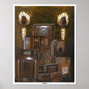Poster Colagem de rádio de madeira velha/da antiguidade