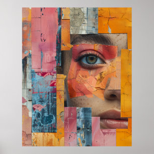 Poster Colagem de Rosto com Tinta Rachada Retrato Vibrant