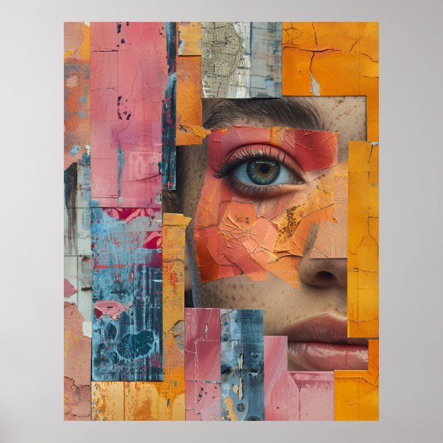Poster Colagem de Rosto com Tinta Rachada Retrato Vibrant (Frente)