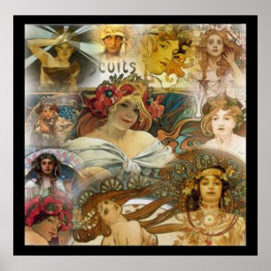 Pôster Colagem de Rostos de Alphonse Mucha Cartaz Vintage