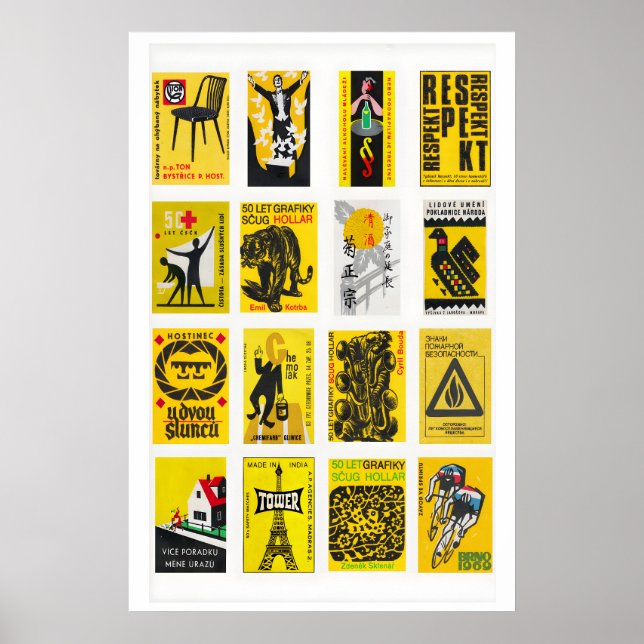 Poster Colagem de rótulo de caixa de fósforos amarelo e p (Frente)