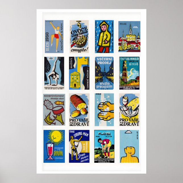 Poster Colagem de rótulo de caixa de fósforos azul e amar (Frente)
