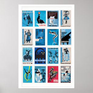 Poster Colagem de rótulo de caixa de fósforos azul e pret