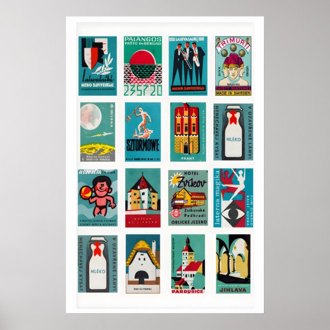 Poster Colagem de rótulo de caixa de fósforos azul-verde, (Frente)