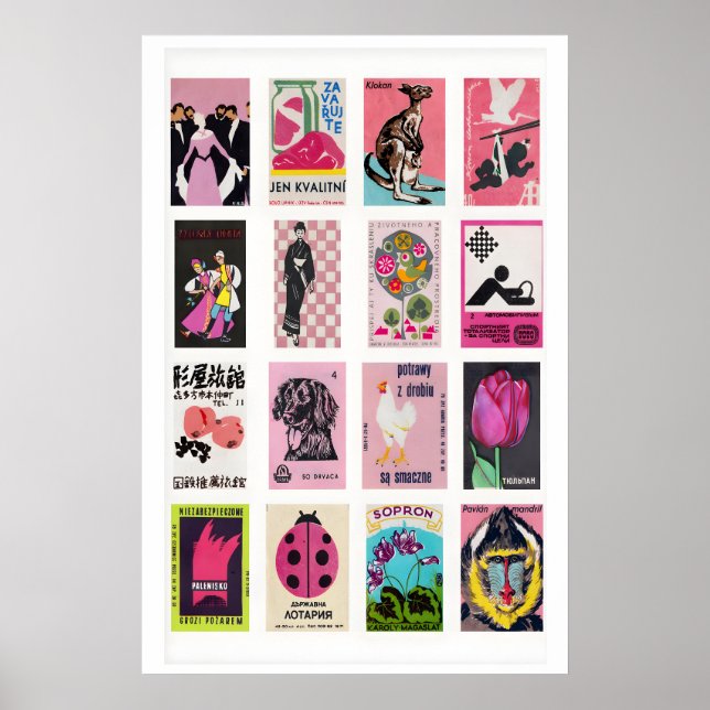 Poster Colagem de rótulo de caixa de fósforos rosa, Ephem (Frente)