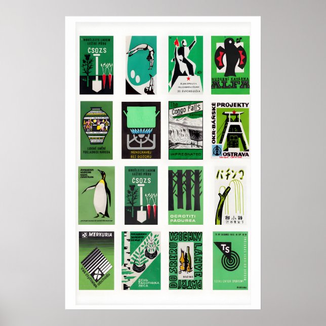 Poster Colagem de rótulo de caixa de fósforos verde e pre (Frente)