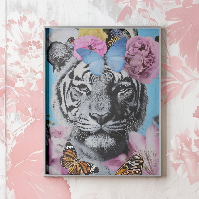 Poster Colagem de Tigre de Arte Pop e Borboletas (Retro-inspired collage featuring a striking tiger adorned with soft florals and butterflies. )