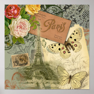 Pôster Colagem de Viagem da Vintage Eiffel Tower Paris Fr