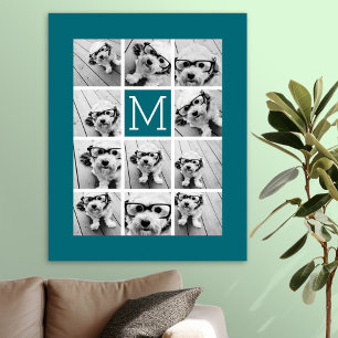 Pôster Colagem do Instagram com Monograma Azul Personaliz