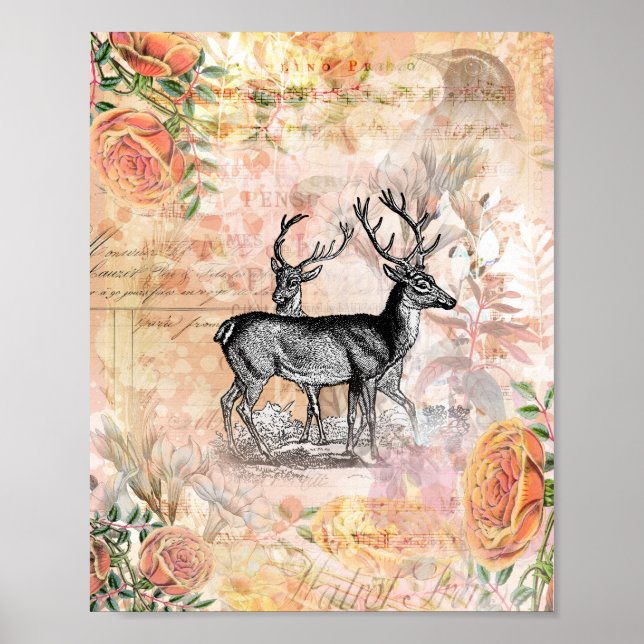Poster Colagem Floral de Veado Vintage (Frente)