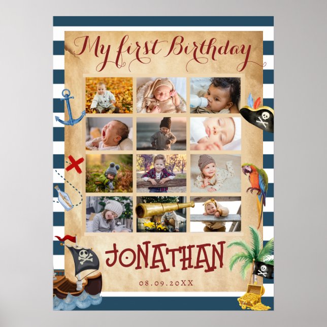 Poster Colagem fotográfica de 12 meses do primeiro ano (Frente)