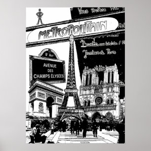 Poster Colagem legal de ilustrações da foto de Paris
