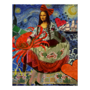 Pôster Colagem Noite Estrelada da Mona Lisa: Surrealismo