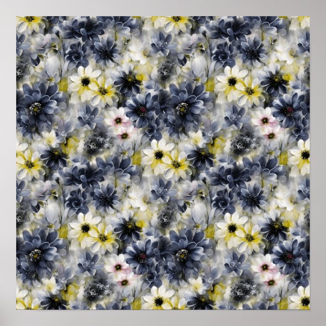 Poster Colagem, padrão de flores pintadas, aquarela (Frente)