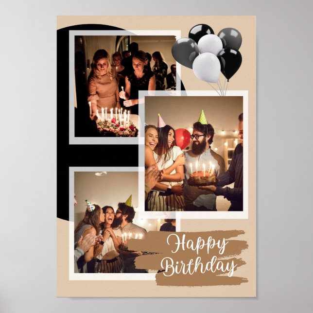 Poster Colagem personalizada de 3 fotos Feliz Aniversário (Frente)