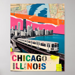 Poster Colagem Pop Art Trem da Silhueta de Chicago Viagem
