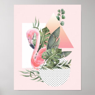 Poster Colagem Tropical de Aquarela Flamingo Rosa