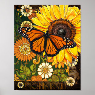 Poster Colagem Vintage Borboleta Monarca e Girassol
