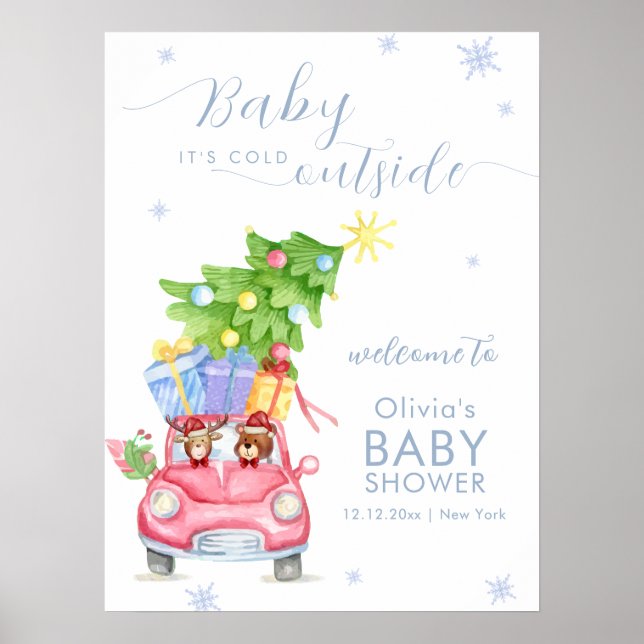 Poster Cold Outside Reindeer Bear Baby Shower Welcome (Frente)