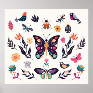 Poster Coleção à mão de elementos de primavera de verão w