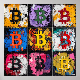 Poster Coleção de Arte Grafite Bitcoin com Cores Intensas
